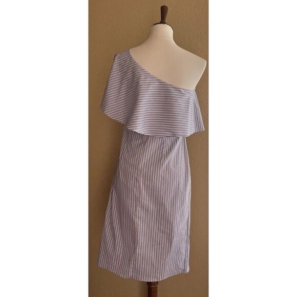 BAR III $80 Blue Striped Ruffled Slitted Dress One Shoulder Cotton Size S - Picture 7 of 10